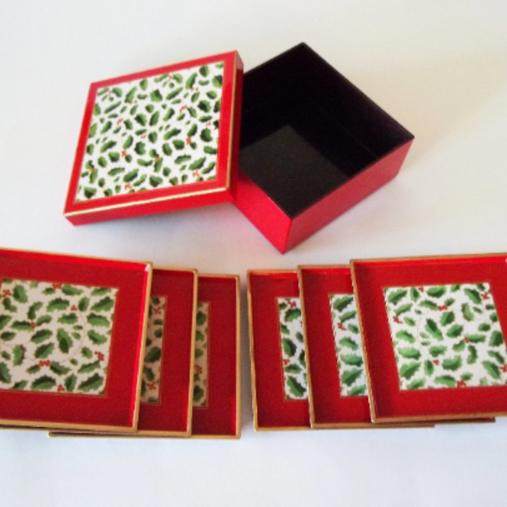 Vintage Otagiri Christmas Coasters, Holly & Berry Lacquerware Boxed Set of 6